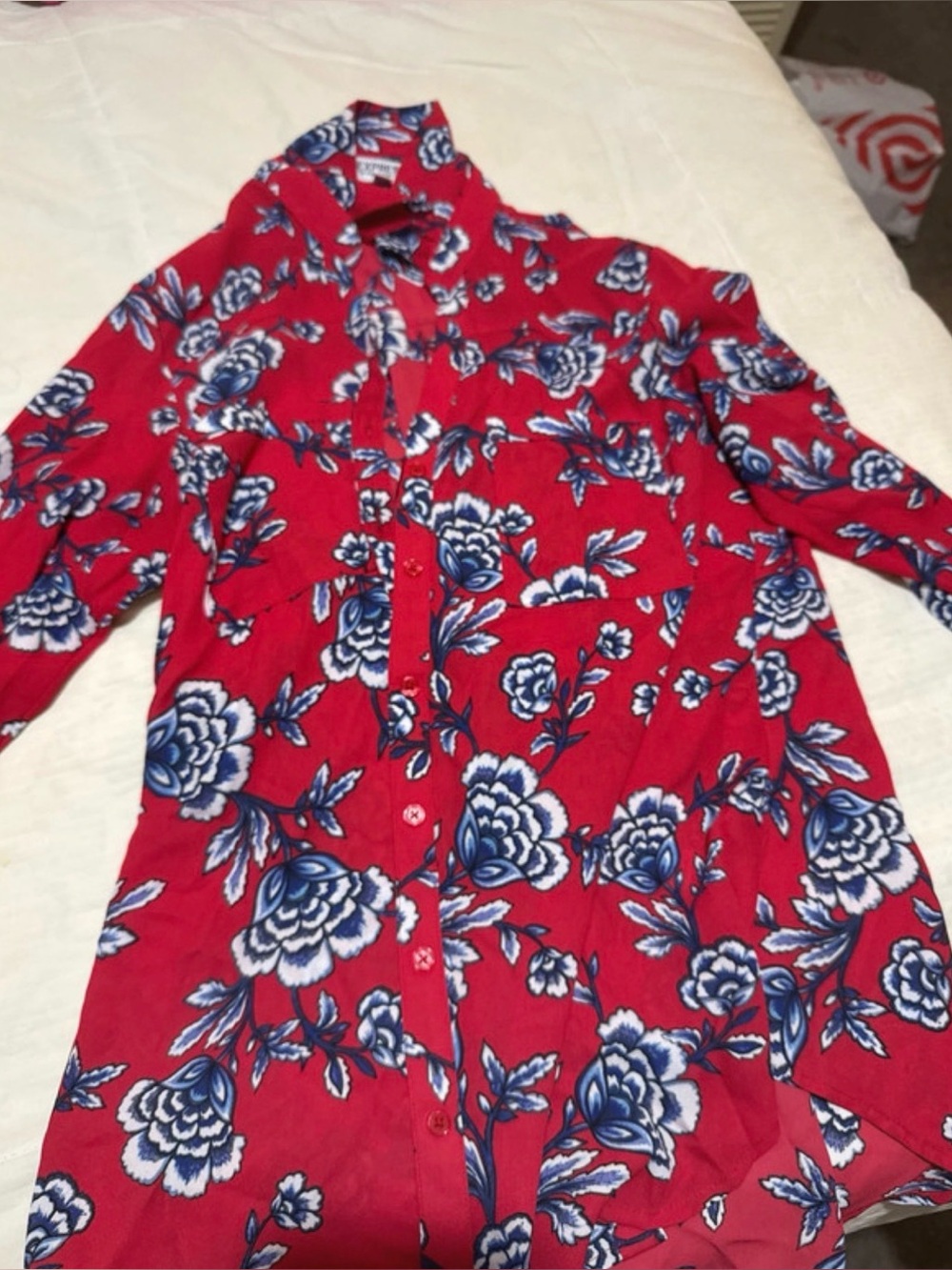 Express Red Button-Down Shirt with Blue & White Floral Print